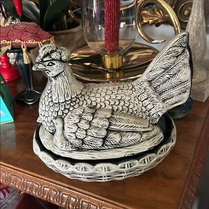 Handcrafted Black and White Ceramic Hen Sculpture